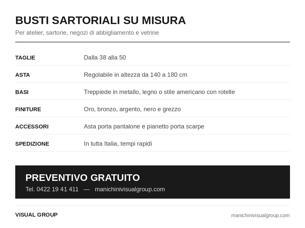 Busti sartoriali Visual Group dalla taglia 38 alla 50, asta regolabile e basi personalizzabili - preventivo gratuito