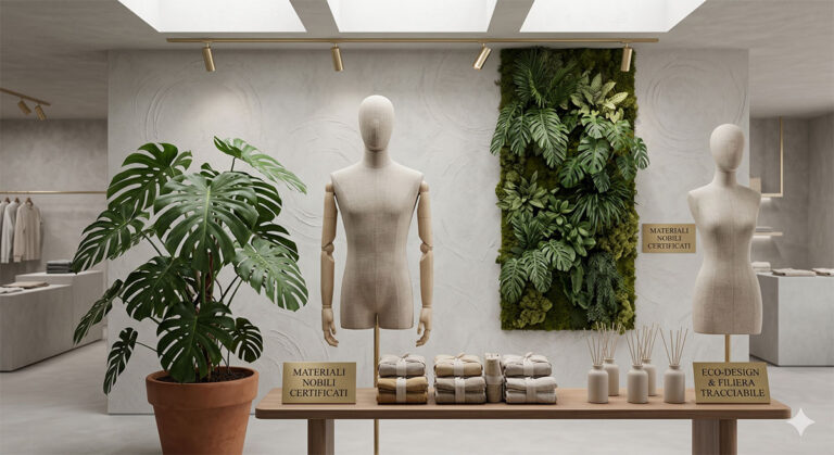Concept store di lusso ecosostenibile con manichini sartoriali in bio-fibra e lino certificato e materiali nobili.