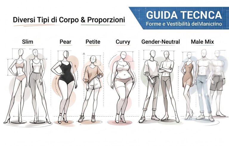 Guida tecnica forme e vestibilità manichini sartoriali comparazione 6 silhouette diverse.