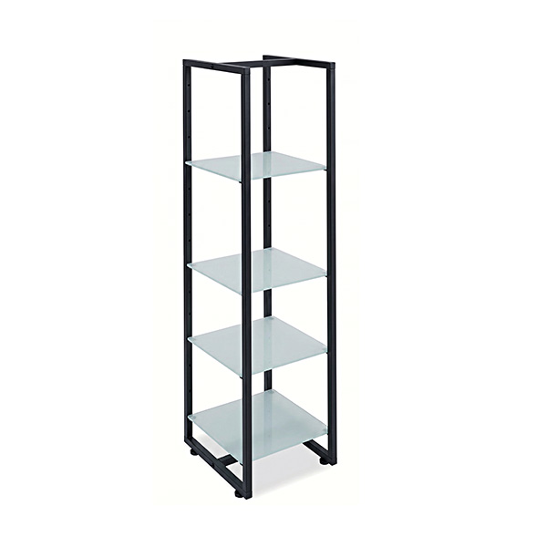 Torre espositiva centrale nera con quattro ripiani in cristallo acidato, 40x45x152 cm